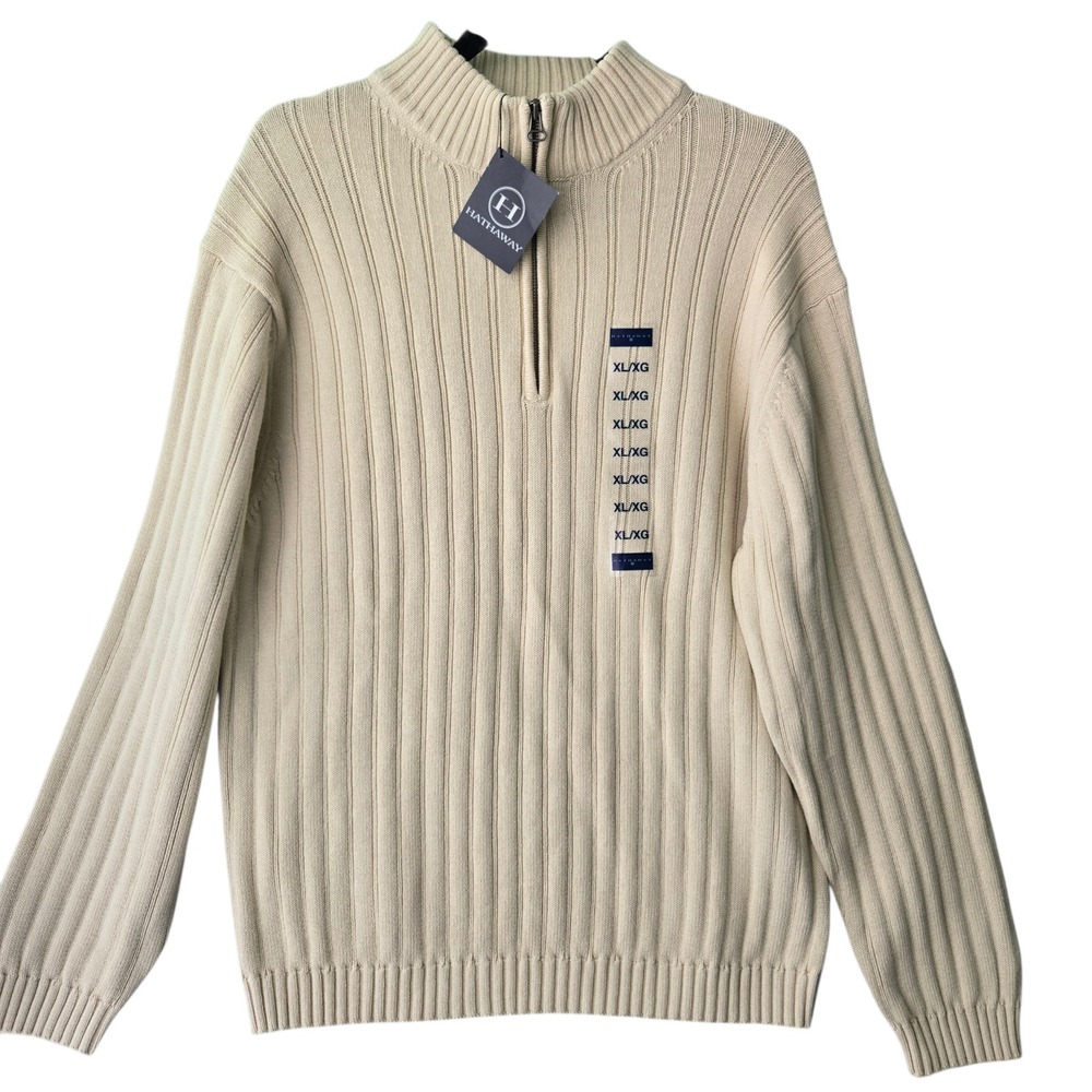 Hathaway Mens XL Quarter Zip Sweater Beige 100% Cotton Ribbed Knit Mock Neck NWT - Picture 2 of 10